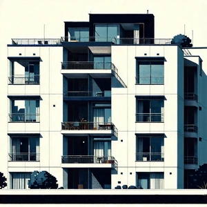 Urban Woodcut Print: (modern:1.36) Apartment Complex With Minimalist Design With Large White