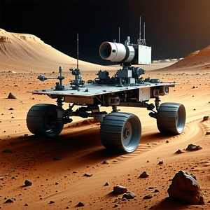 A Futuristic Vehicle, Possibly A Tank Or A Rocket, Driving Across A Rocky Terrain