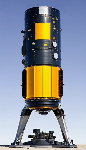 A Large, Blue And Yellow Spacecraft Is Seen In The Sky