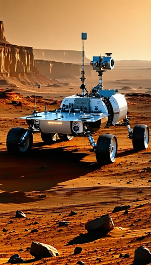 A Large Robotic Vehicle Is Parked On A Dirt Surface, Possibly A Desert