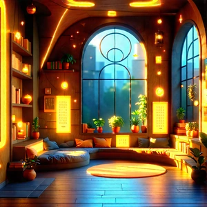 Lifestyle Infographic Style: Reading nook with warm (lighting:1.24)