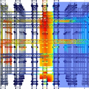 The Image Is A 3d Model Of A Building, Likely A Skyscraper, With A Blue And Yellow Color Scheme