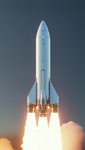 A Rocket Launching Into The Sky, With Its Engine Lit Up