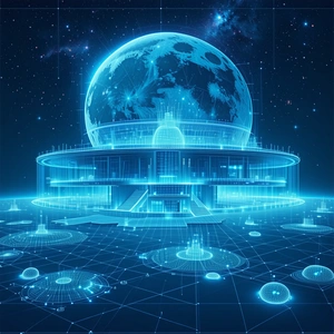 A Futuristic Building With A Large, Blue, Glowing Dome On Top