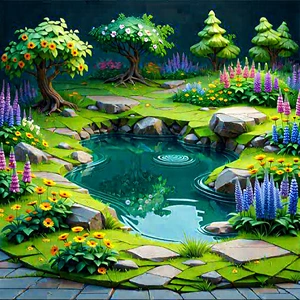 Nature Isometric Design: Tranquil Pond Surrounded By Wildflowers With Image, There