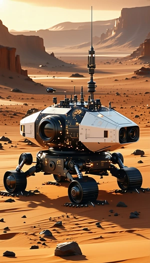 A Futuristic Robot Is Standing On A Rocky Surface, With A Large Antenna On Top Of It