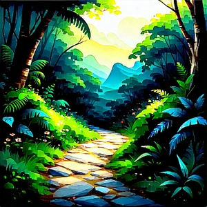 Nature Gouache Painting: Path Through Tropical Jungle With Image, There