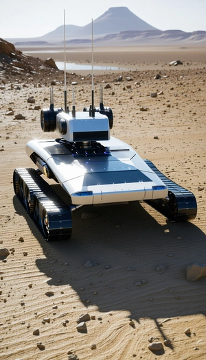 A Futuristic Robotic Vehicle Is Parked On A Dirt Field