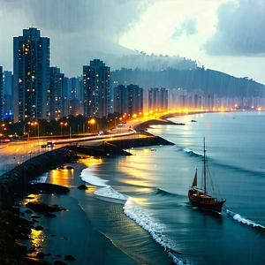 Urban Graphic Design: Cityscape of coastal (city:1.18) during rainy evening