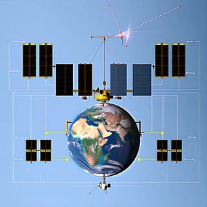 A Spacecraft With A Large Satellite Dish On Its Side