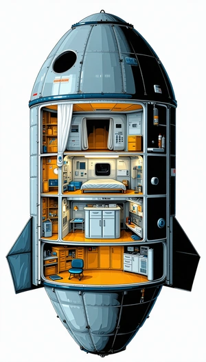 In The Image, There Is A Large Spacecraft With A Variety Of Rooms And Features
