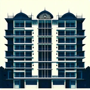 Urban Linocut Print: (modern:1.14) Apartment Complex With Ornate Details With Black White
