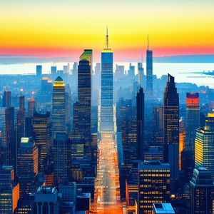Urban Infographic Style: Cityscape Of Urban Skyline During Sunrise With Panoramic View