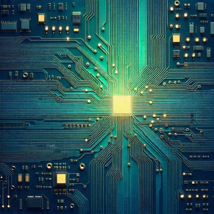 Tech Pastel Drawing: Circuit board with data streams