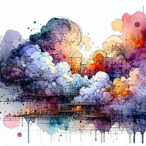 Tech Ink Drawing: Cloud Computing Visualization With Watercolor Painting
