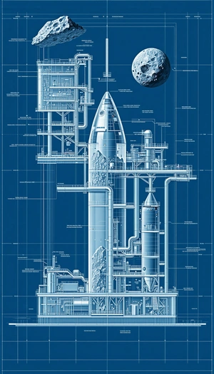 A Large Rocket Ship Is Shown In A Blue And White Drawing