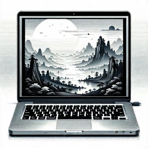Tech Linocut Print: Laptop With User Interface With Laptop Computer