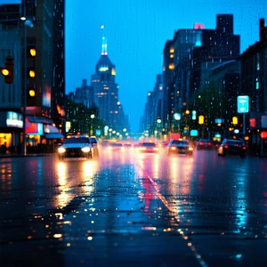 Urban Digital Art: Cityscape Of Downtown District During Rainy Evening With Black White