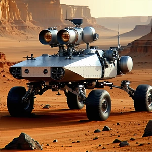 A Futuristic Vehicle Is Parked On A Rocky Terrain, With A Red Dirt Background