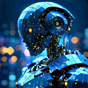 Robot With Data Streams With Futuristic Robot