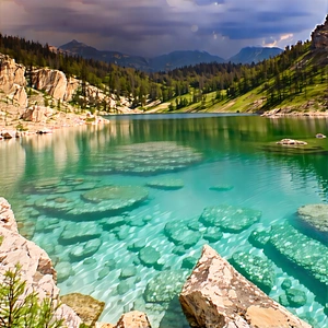 Nature Etching: Crystal Clear Lake Surrounded By Rocky Shores With Serene Lake