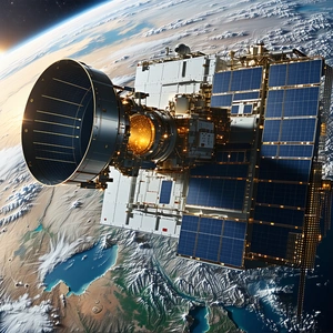 A Spacecraft With A Large Dish On Top, Flying Through The Sky