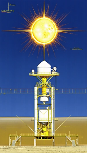 A Large White Tower With A Yellow Top, Which Is Situated In A Desert-like Environment