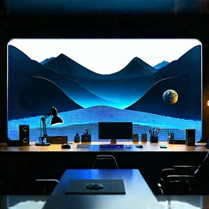 Futuristic Digital Workspace With Computer Desk