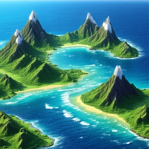 Nature Isometric Design: (ocean:1.13) Waves Surrounded By (mountain:1.17) Peaks With Computer-generated (cgi)
