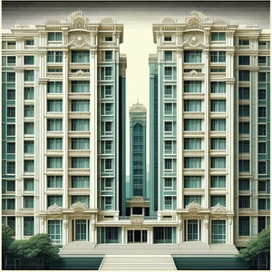 Urban Linocut Print: (modern:1.44) Apartment Complex With Ornate Details With Painting Large