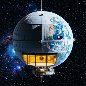 A Large, Round, White Structure With A Dome On Top Is Floating In The Sky