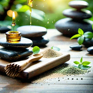 Lifestyle Etching: Wellness Scene With Aromatherapy With Wooden Table