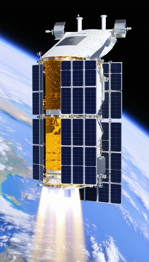 A Spacecraft With A Large Solar Panel On Its Side, Flying Through The Sky