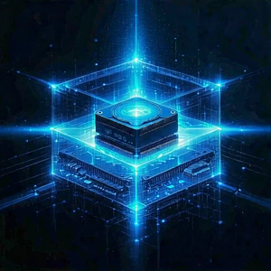 Tech Charcoal Drawing: Quantum Computer With Blue Light Glow With Blue Blue