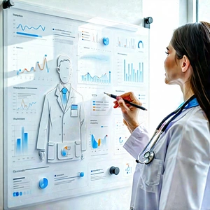 Business Voxel Art: Healthcare professional using digital whiteboard