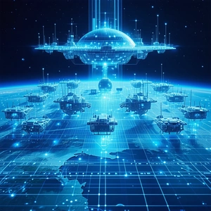 futuristic, computer-generated scene featuring large