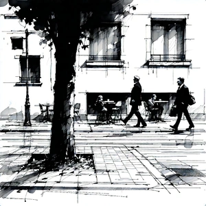 Urban Ink Drawing: Urban street with outdoor seating
