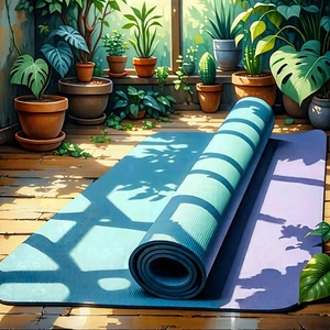 Lifestyle Oil Painting: Wellness Scene With Yoga Mat And Plants With Image, There