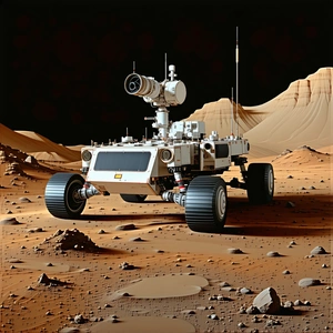A Futuristic Vehicle Is Driving Across A Rocky Terrain, Possibly On Mars