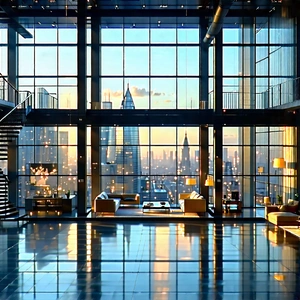 Urban Digital Art: Urban Loft With Reflective Glass With Large, Modern