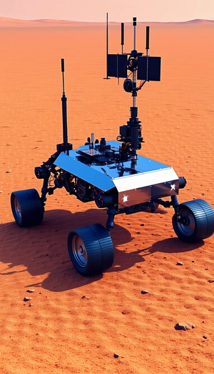 A Robotic Vehicle Is Sitting On A Dirt Surface, Possibly In A Desert