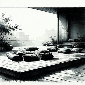 Lifestyle Charcoal Drawing: Balcony Garden With Comfortable Textiles With Image, There
