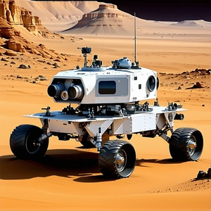 A White Robotic Vehicle With Four Large Wheels, Driving Across A Desert-like Terrain