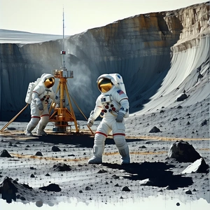 In The Image, There Are Two Astronauts Standing On The Moon, Wearing White Suits