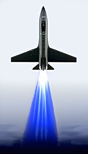 A Jet Plane Is Flying Through The Sky, Leaving A Trail Of Blue Light Behind It