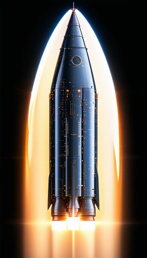 A Rocket Is Shown In A Close-up Shot, With Its Engine Lit Up