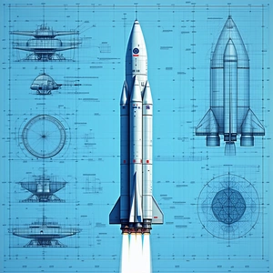 A Space Shuttle Is Shown In A Blue And White Drawing, With The Shuttle Being The Main Focus