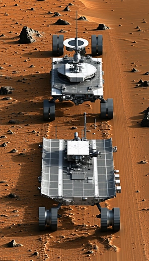 Two Large, White, And Silver Vehicles Driving On A Dirt Road