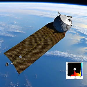 A Large Satellite Is Flying Through The Sky, With A Small Spacecraft Flying Nearby
