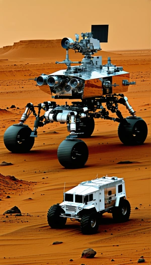 A Large Silver Robot Is Standing On A Red Dirt Surface, With A Truck Nearby